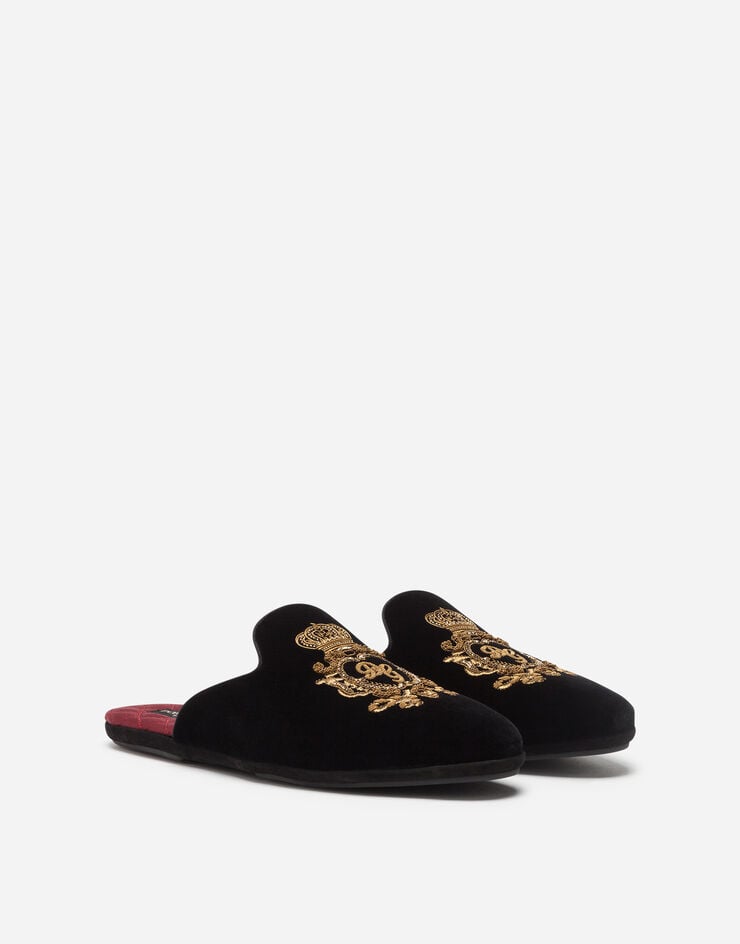 Dolce & Gabbana 纹章刺绣天鹅绒便鞋 黑 A80128AU442