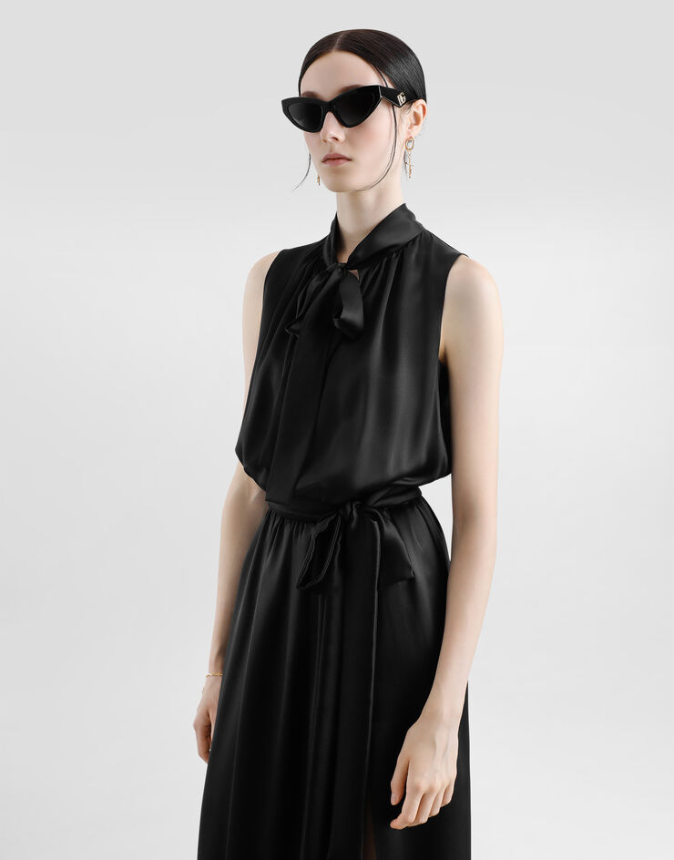 Dolce & Gabbana Satin calf-length dress with pussy-bow Black F6JTETFU1AU