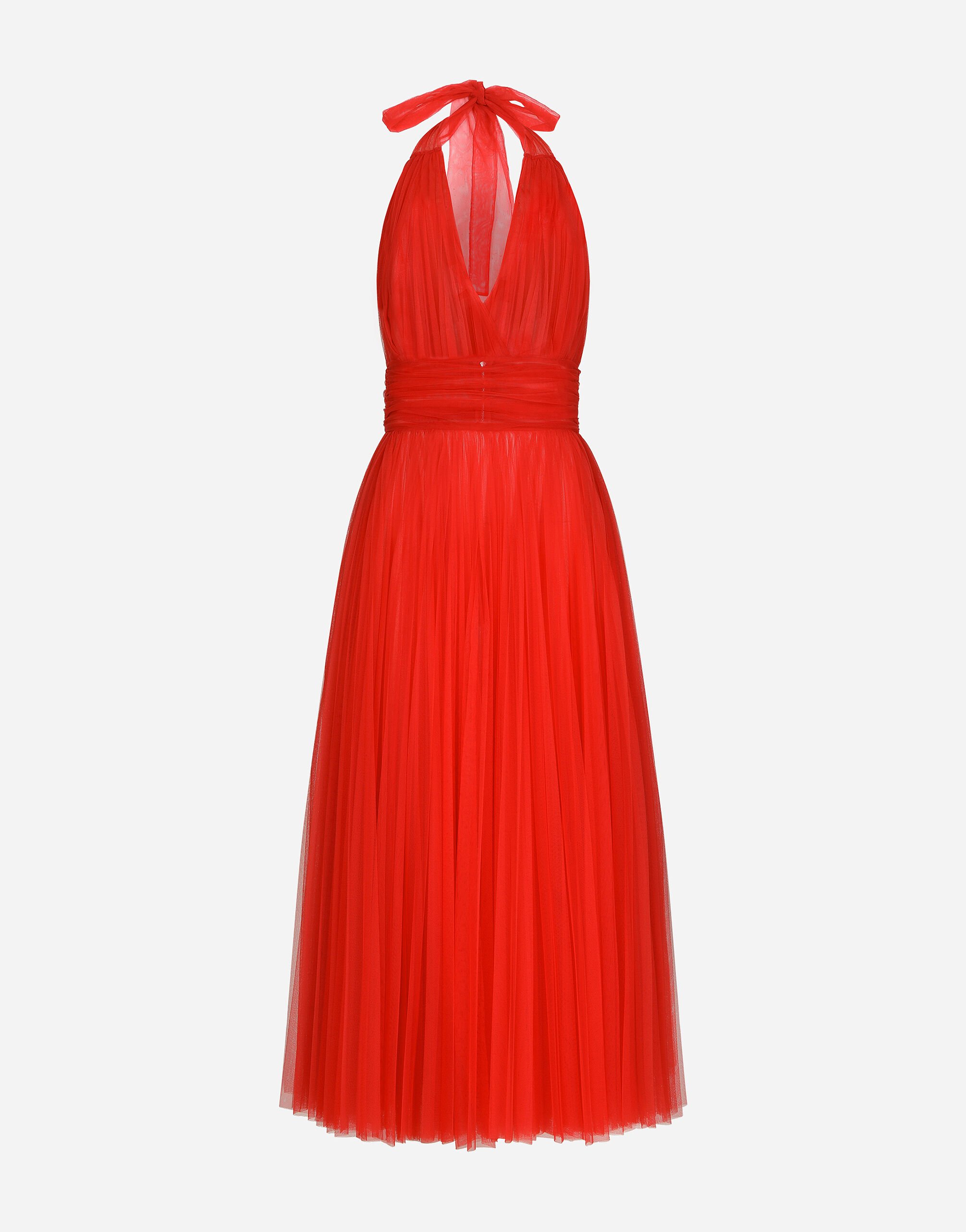 Tulle calf length dress with sunray pleats in Red for