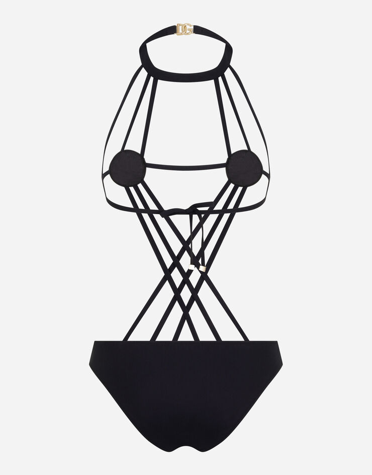 Dolce & Gabbana DG 徽标与交叉造型系带泳衣 黑 O9B09JFUGA2