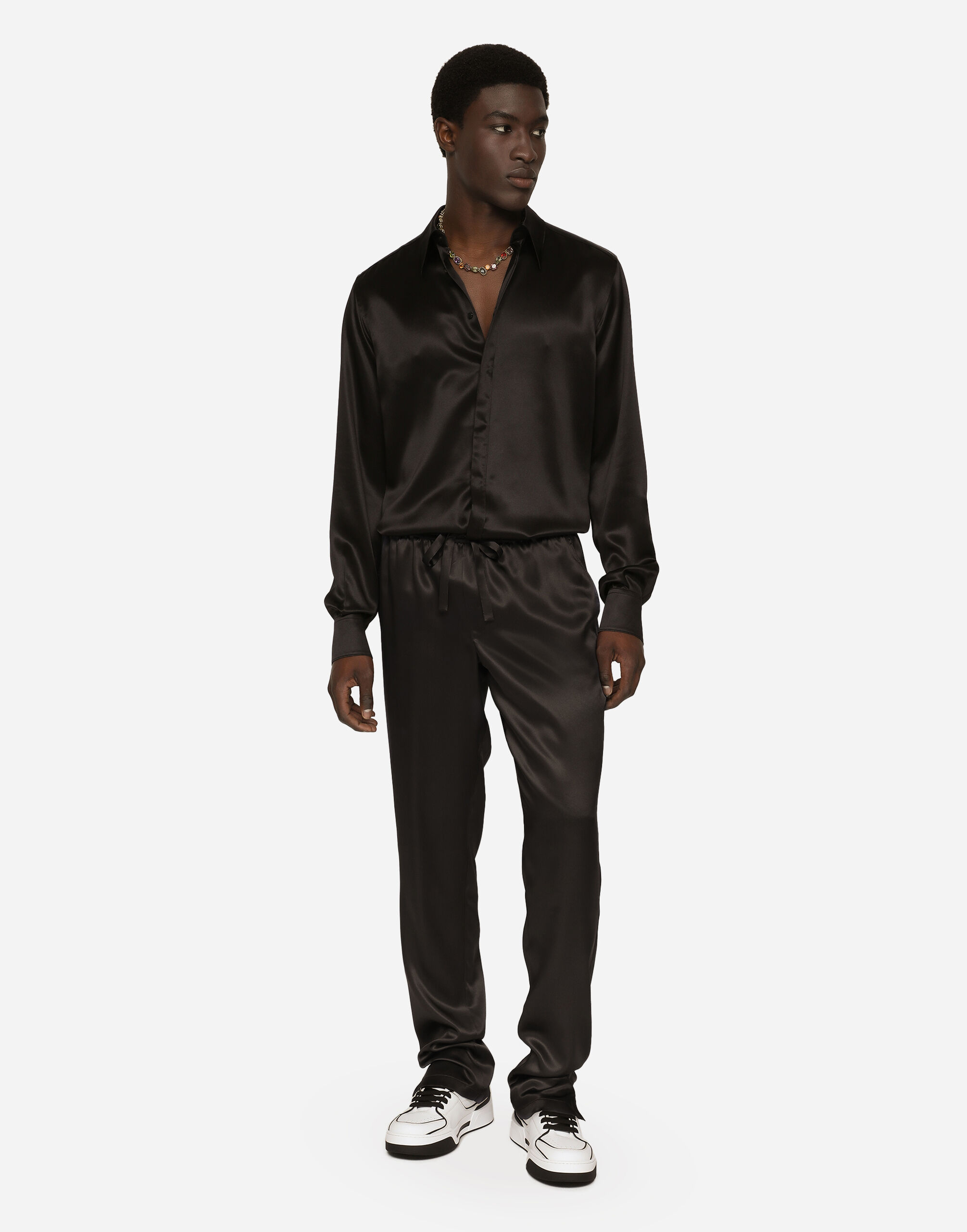 Silk satin jogging pants with metal DG logo in Black for