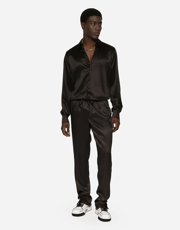 Dolce&Gabbana Silk satin jogging pants with metal DG logo Black I4182MFU1AU