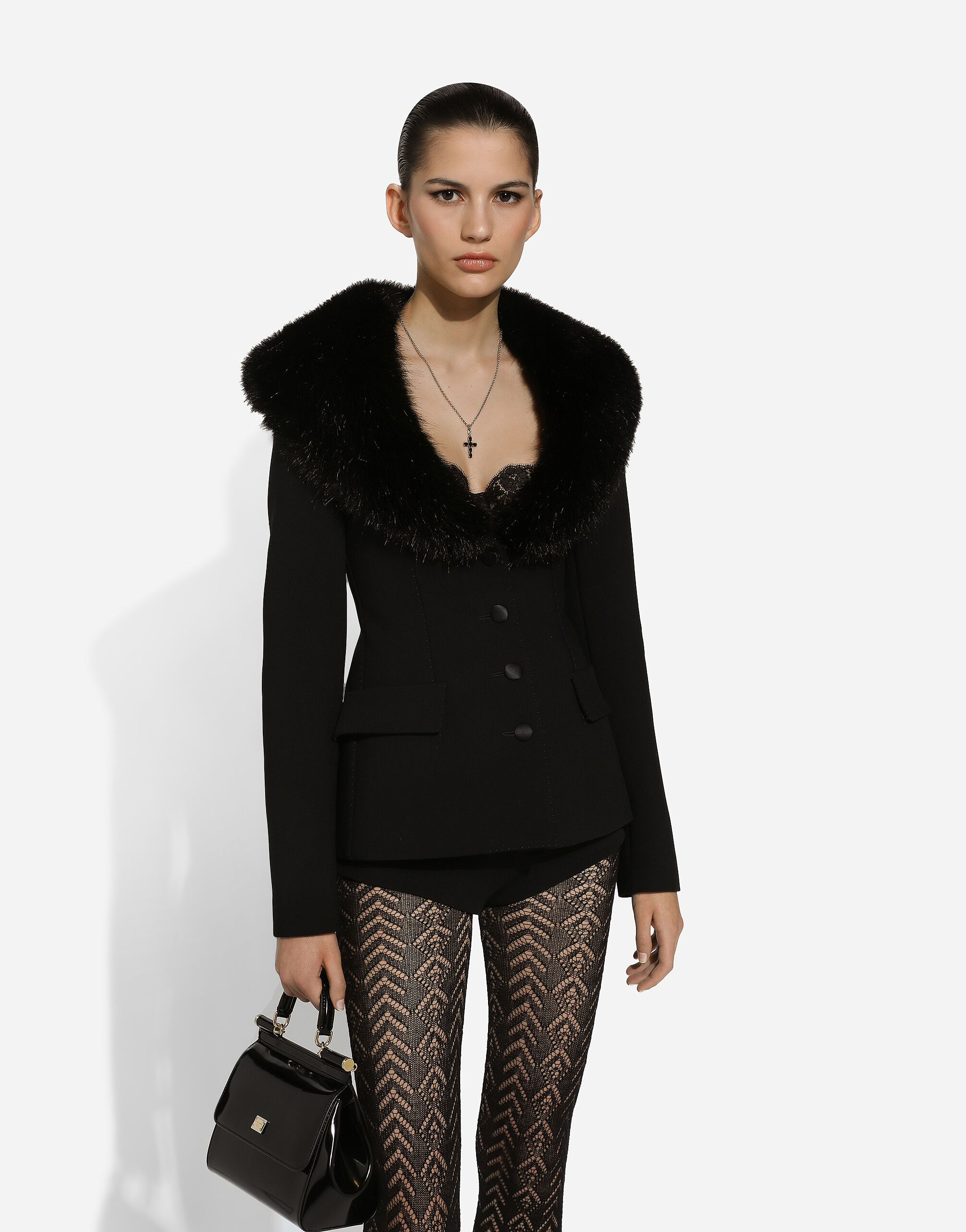 Single-breasted wool jacket with faux fur collar in Black for Women |  Dolce&Gabbana® US