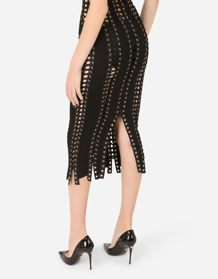 Dolce & Gabbana Vestido longuette de charmeuse con cordones y ojetes Negro F6D6HTFUADB