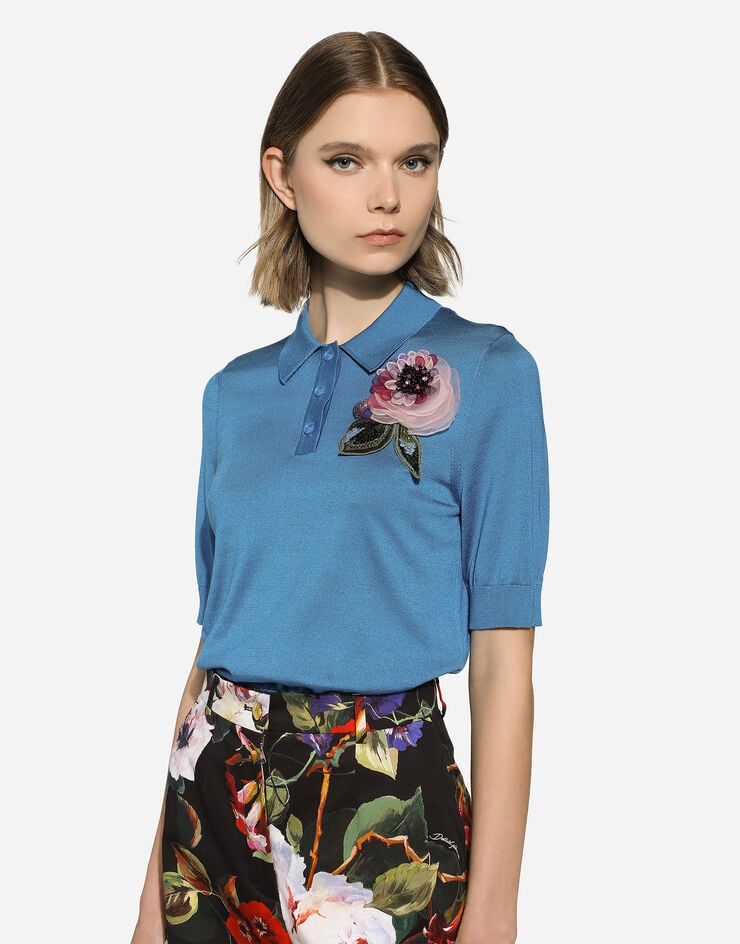 Dolce & Gabbana Silk polo-shirt with flower appliqué Green FXZ01ZJBSHY