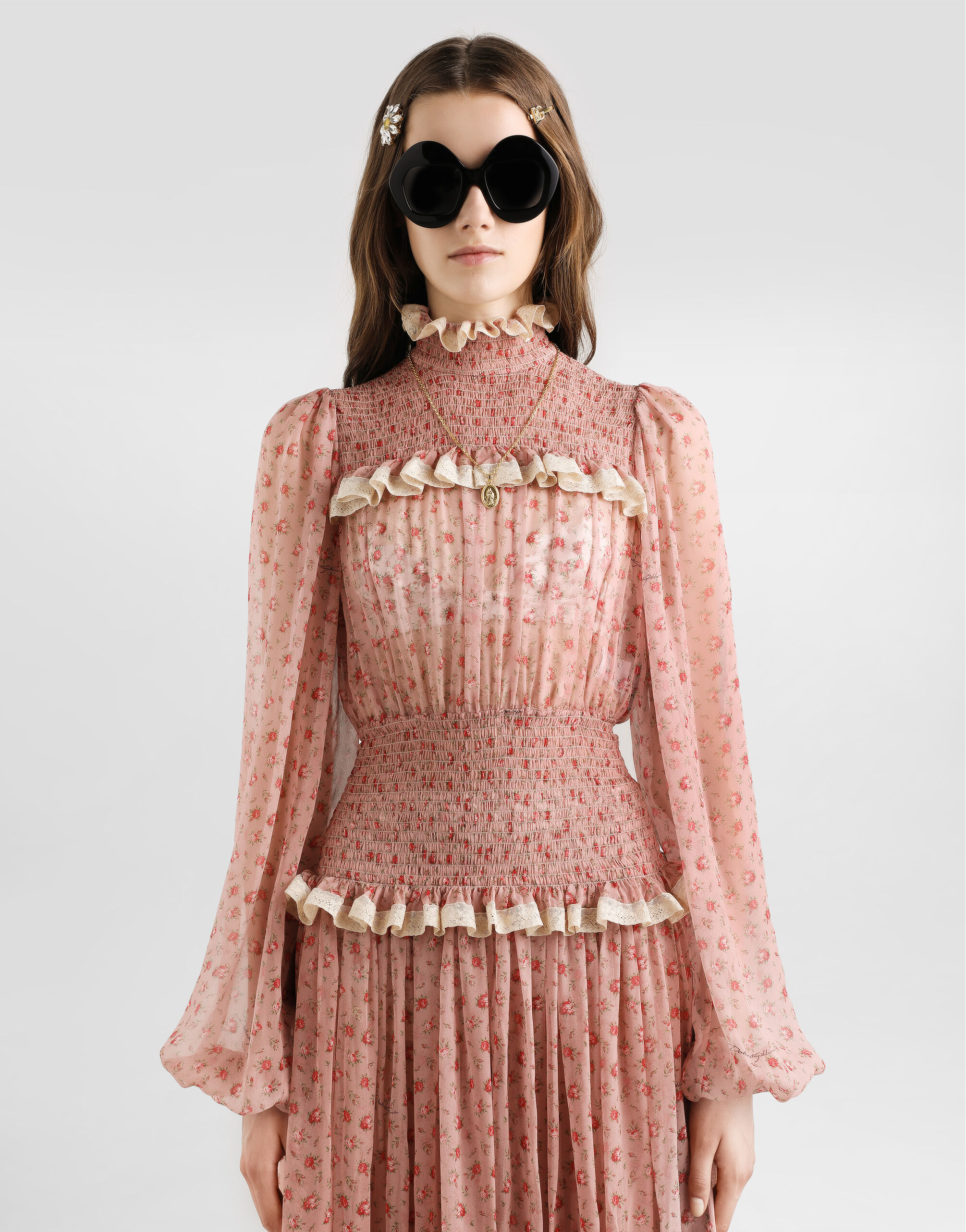 Small rose-print long chiffon dress in Multicolor for Women