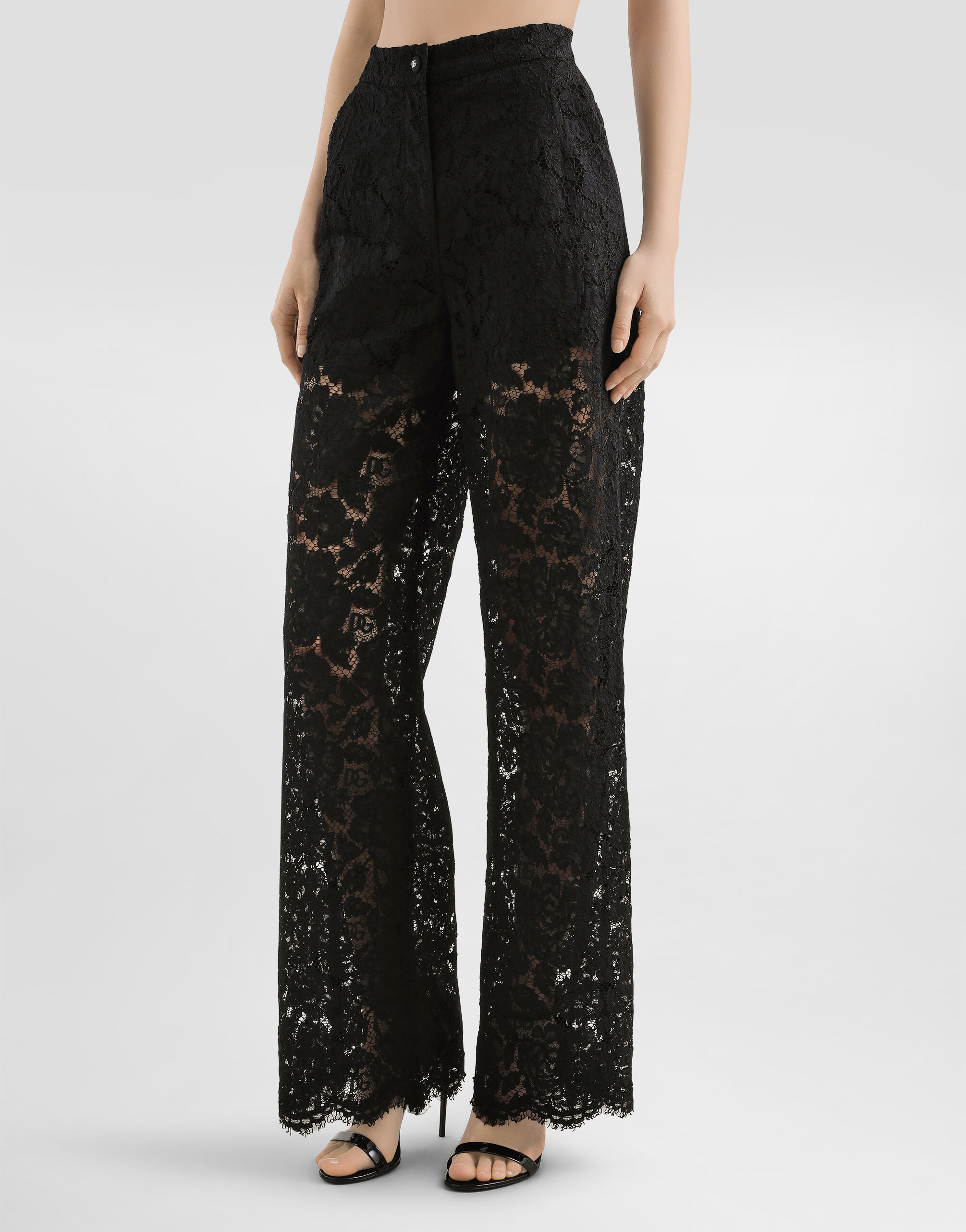 Flared branded stretch lace pants in Black for Women