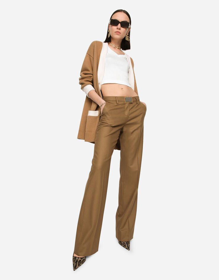 Dolce&Gabbana Flared flannel pants with logo tag Beige FTCZITGDBWW