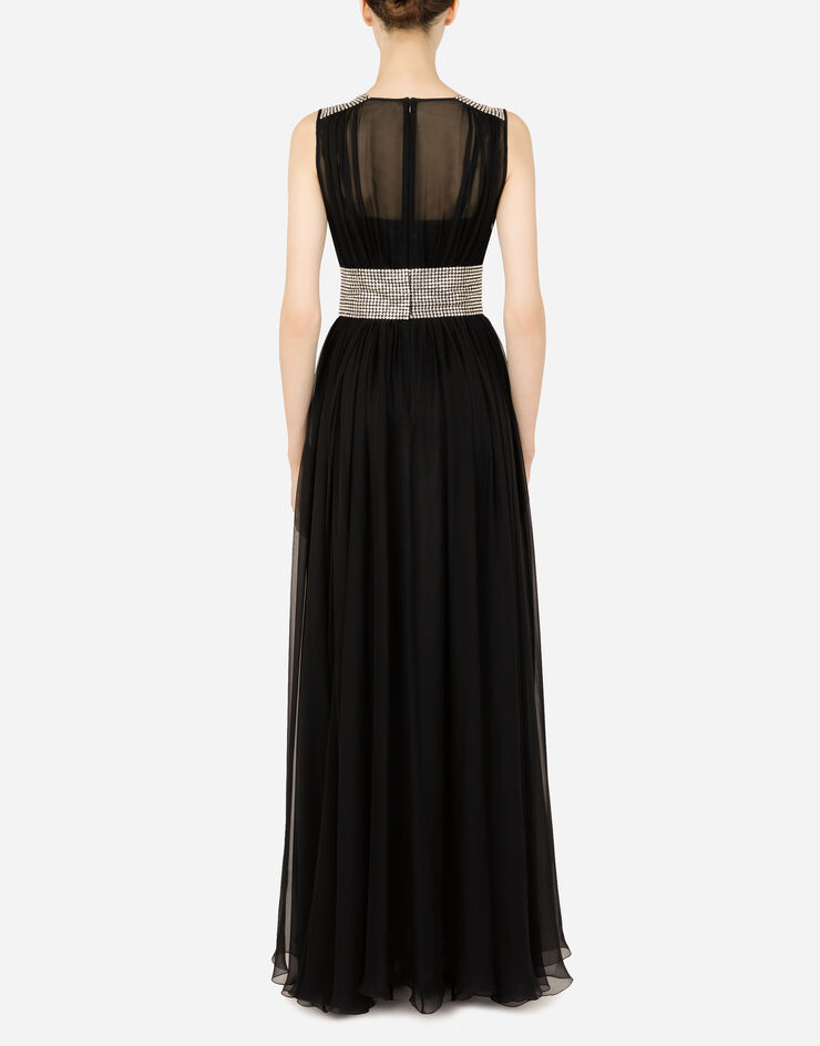 Dolce & Gabbana Robe longue en mousseline avec broderie de strass thermocollants Noir F6ZO1ZGD32T