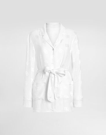 Dolce & Gabbana Camisa de pijama de manga larga en jacquard de raso de seda con logotipo DG White F5I89TFJ1JO