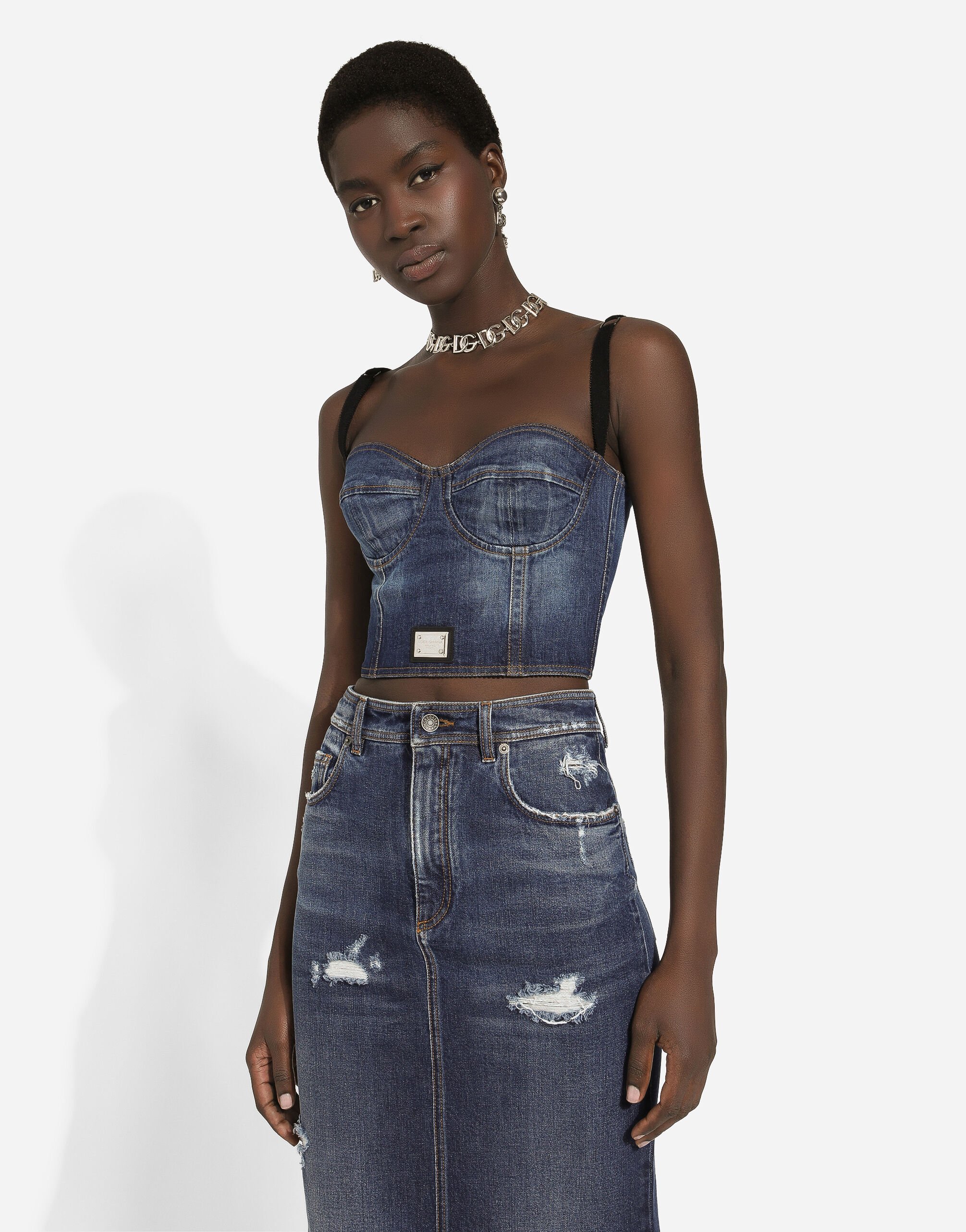 Denim corset top with logo tag in Blue for Women | Dolce&Gabbana® US