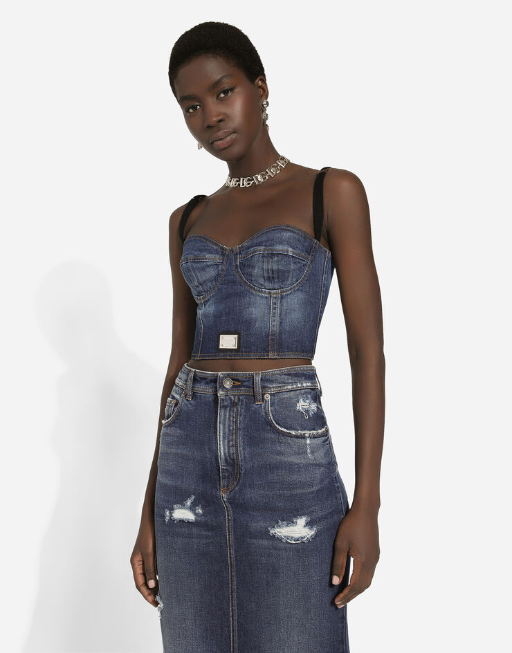 Dolce & Gabbana Denim corset top with logo tag 블루 F73H5DG8KT2