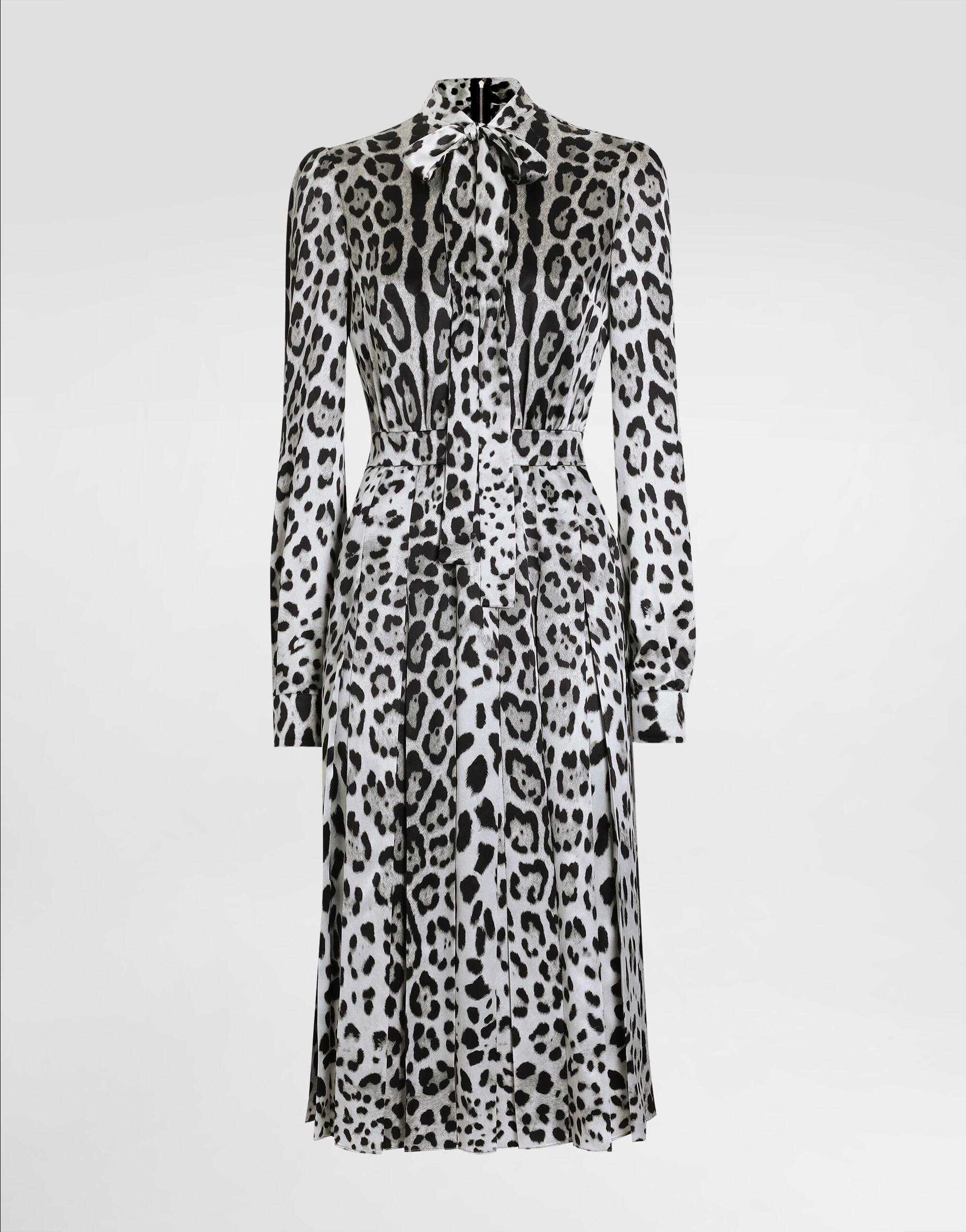 Satin calf-length shirt dress with pussy-bow and leopard print in