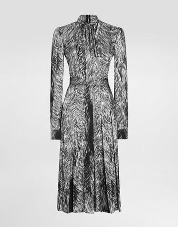 Dolce & Gabbana Fur-print calf-length shirt dress with pussy-bow Grey F6JQUTFSA7K