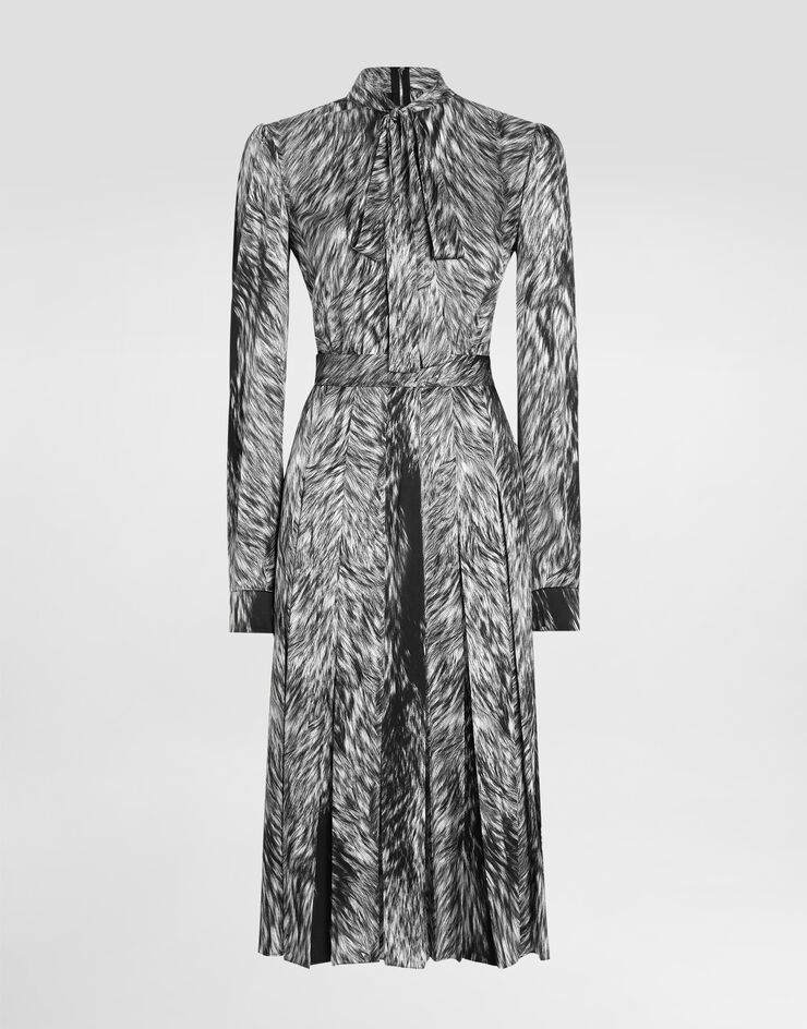 Dolce & Gabbana Fur-print calf-length shirt dress with pussy-bow Grey F6JQUTFSA7K