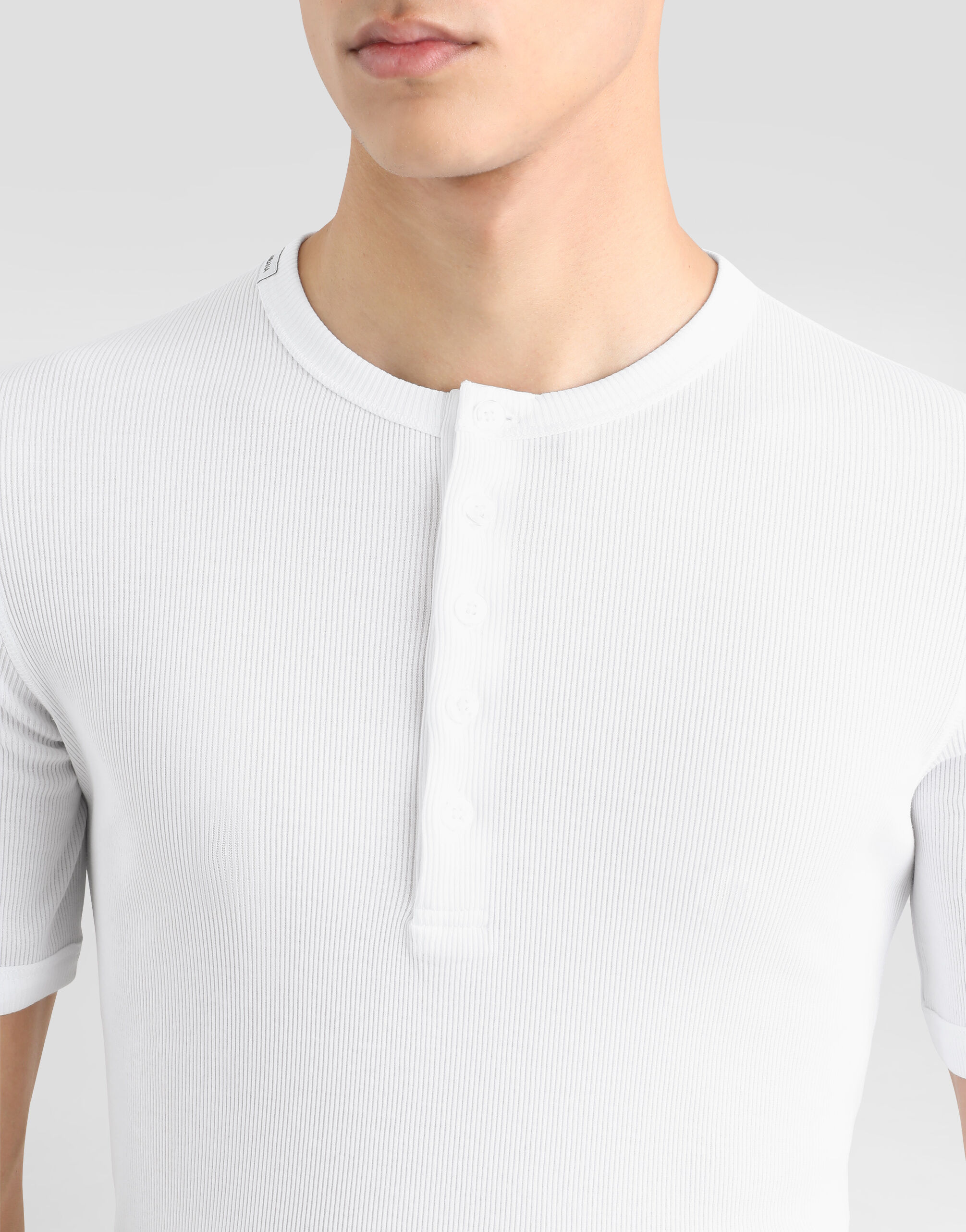 【Dolce & Gabbana】ファインリブコットン グランダッドネック ホワイトのメンズ Fine-rib cotton granddad-neck t-shirt