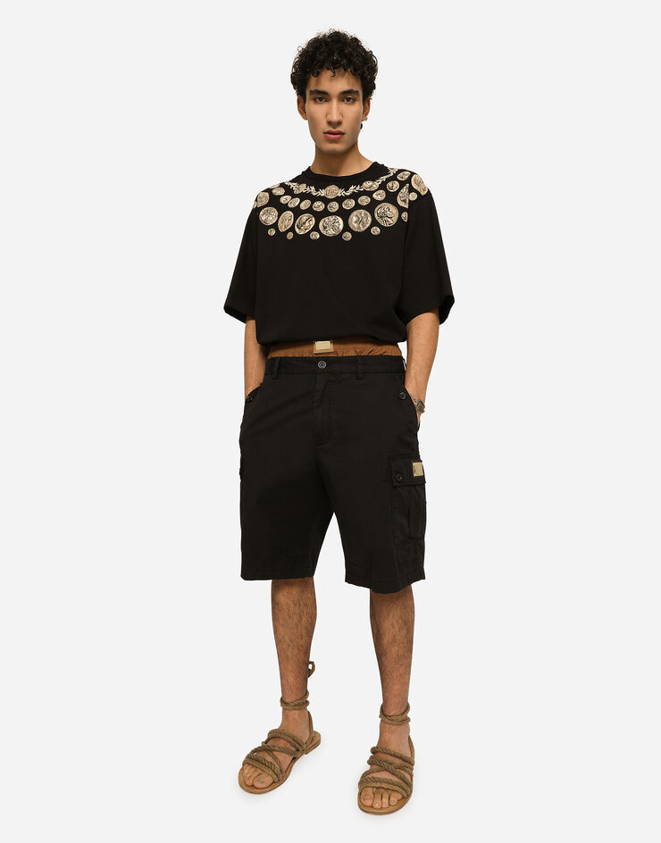 Dolce&Gabbana Stretch cotton cargo pants with brand plate Schwarz GV5IHTFUFJR