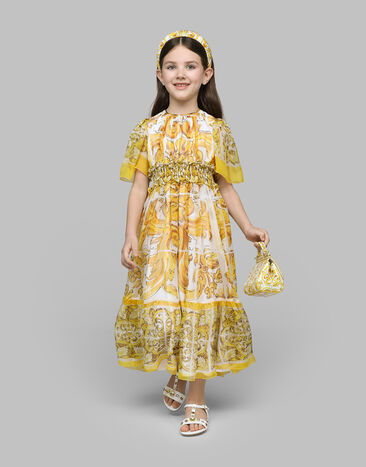 Dolce & Gabbana Kleid aus Chiffon mit gelbem Majolika-Print Drucken L53DW5HI1UF
