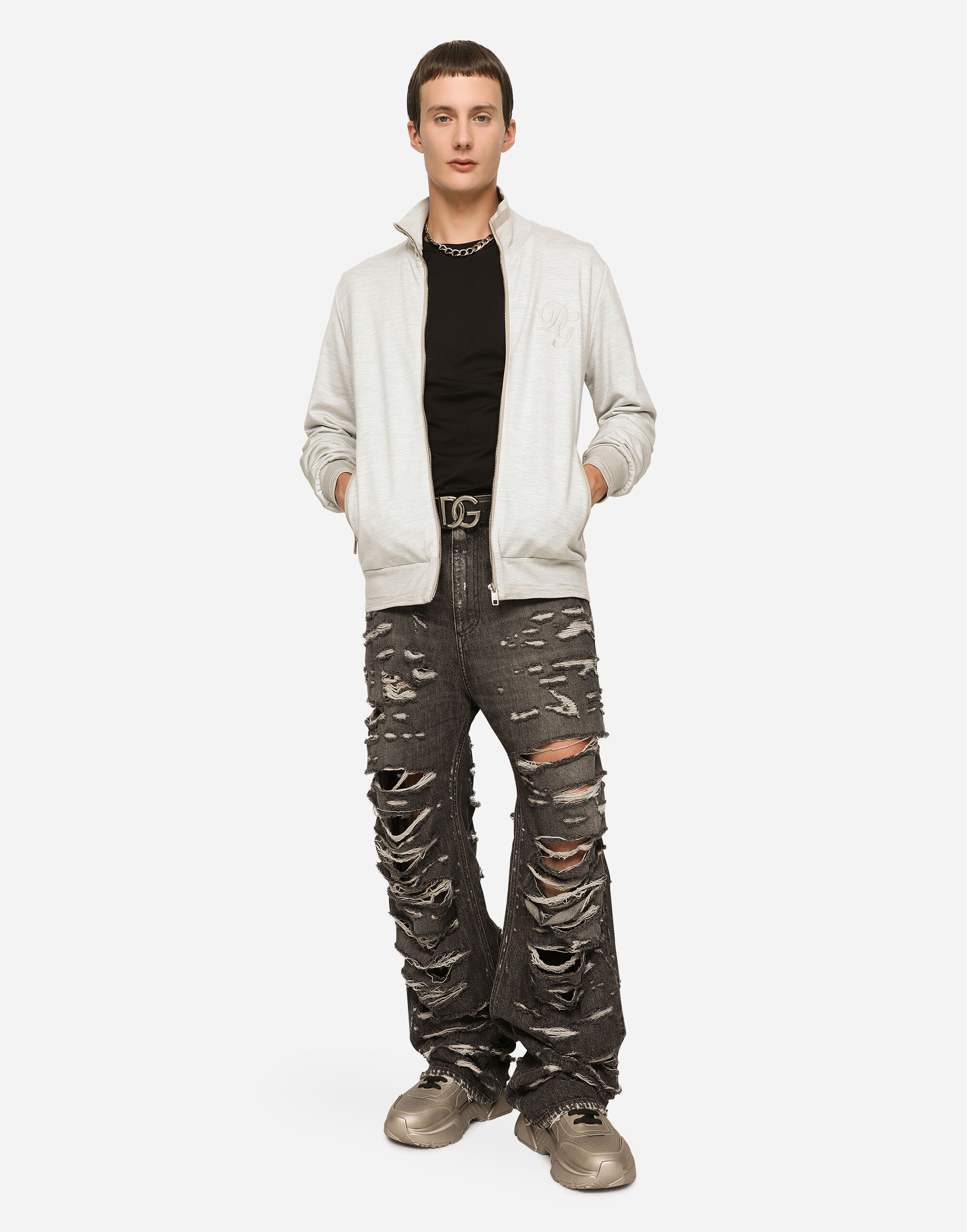 D&G DOLCE & GABBANA ジップアップスウェット グレー グレーのメンズ Zip-up cotton and silk sweater with embroidery