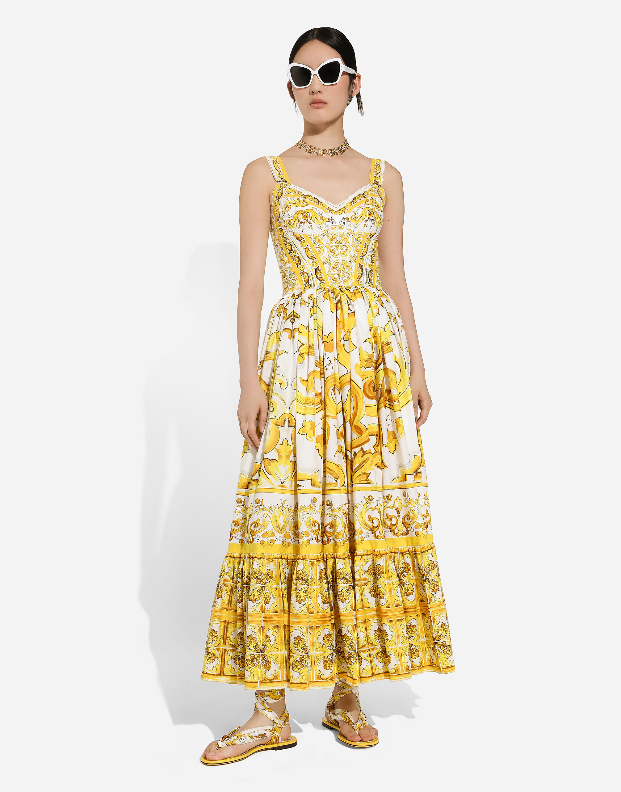 Calf-length corset dress in majolica-print cotton poplin in Print for Women  | Dolce&Gabbana® US