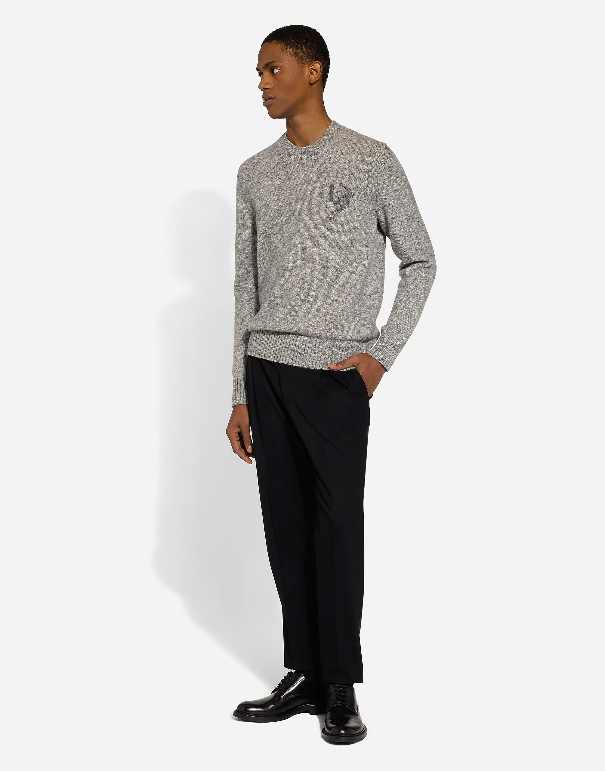 Round-neck wool sweater with DG embroidery in Grey for Men