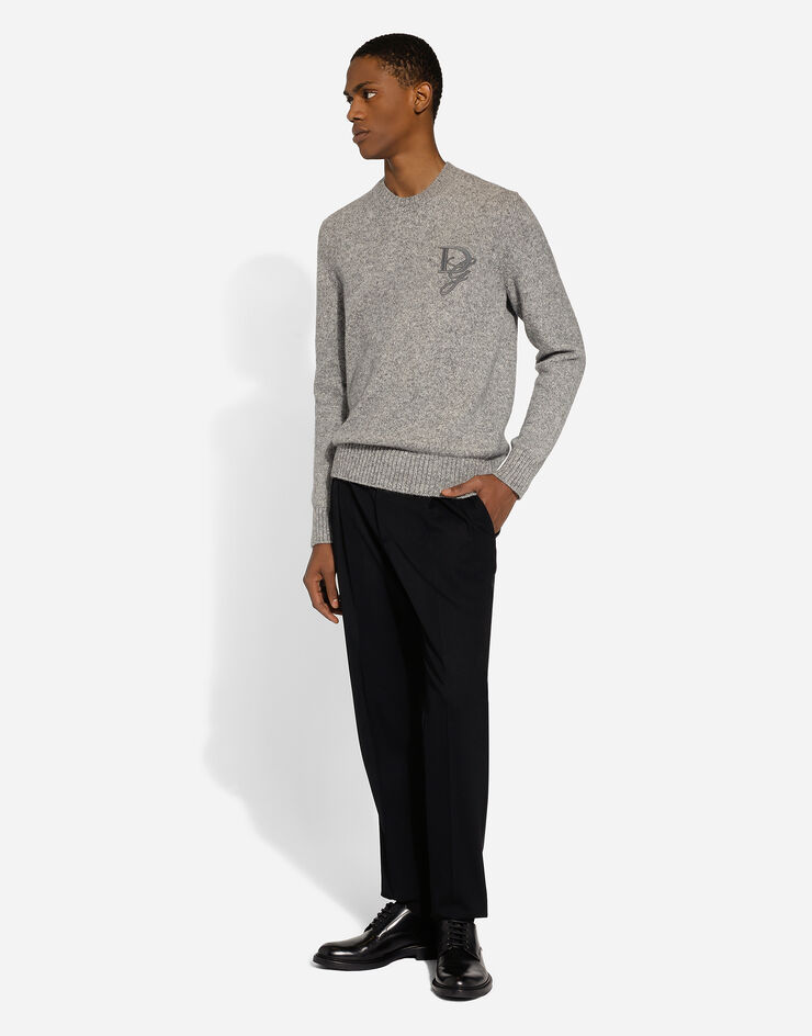 Dolce & Gabbana Round-neck wool sweater with DG embroidery Grey GXX02ZJFMIM