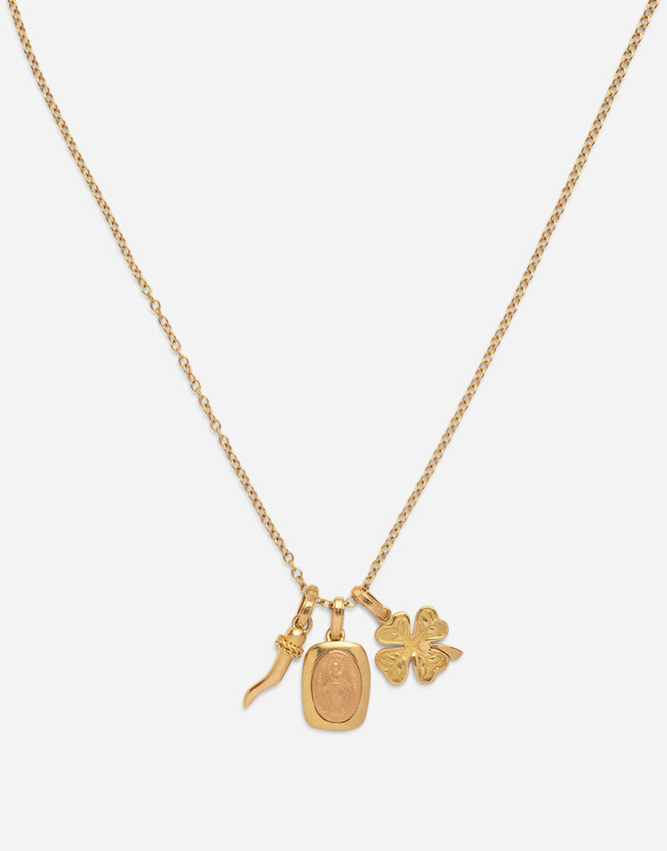 Dolce & Gabbana Devotion yellow and red gold rounded rectangular pendant with a red gold Virgin Mary medallion, horn and four-leaf clover pendants on yellow gold chain Yellow/Red WALD4GWYE01