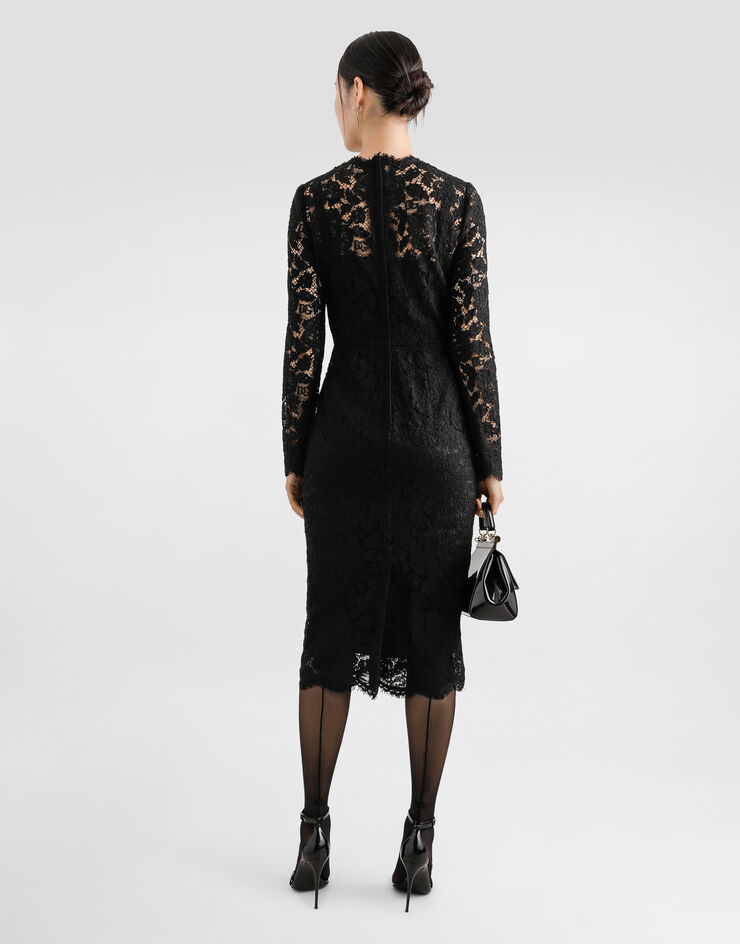 Dolce & Gabbana Longuette-Langarmkleid aus elastischer Spitze mit Logo Schwarz F6M0DTHLM7L