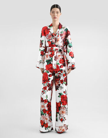 Dolce & Gabbana Long-sleeved twill pajama shirt with rose print Print F5I89TIS1ZD