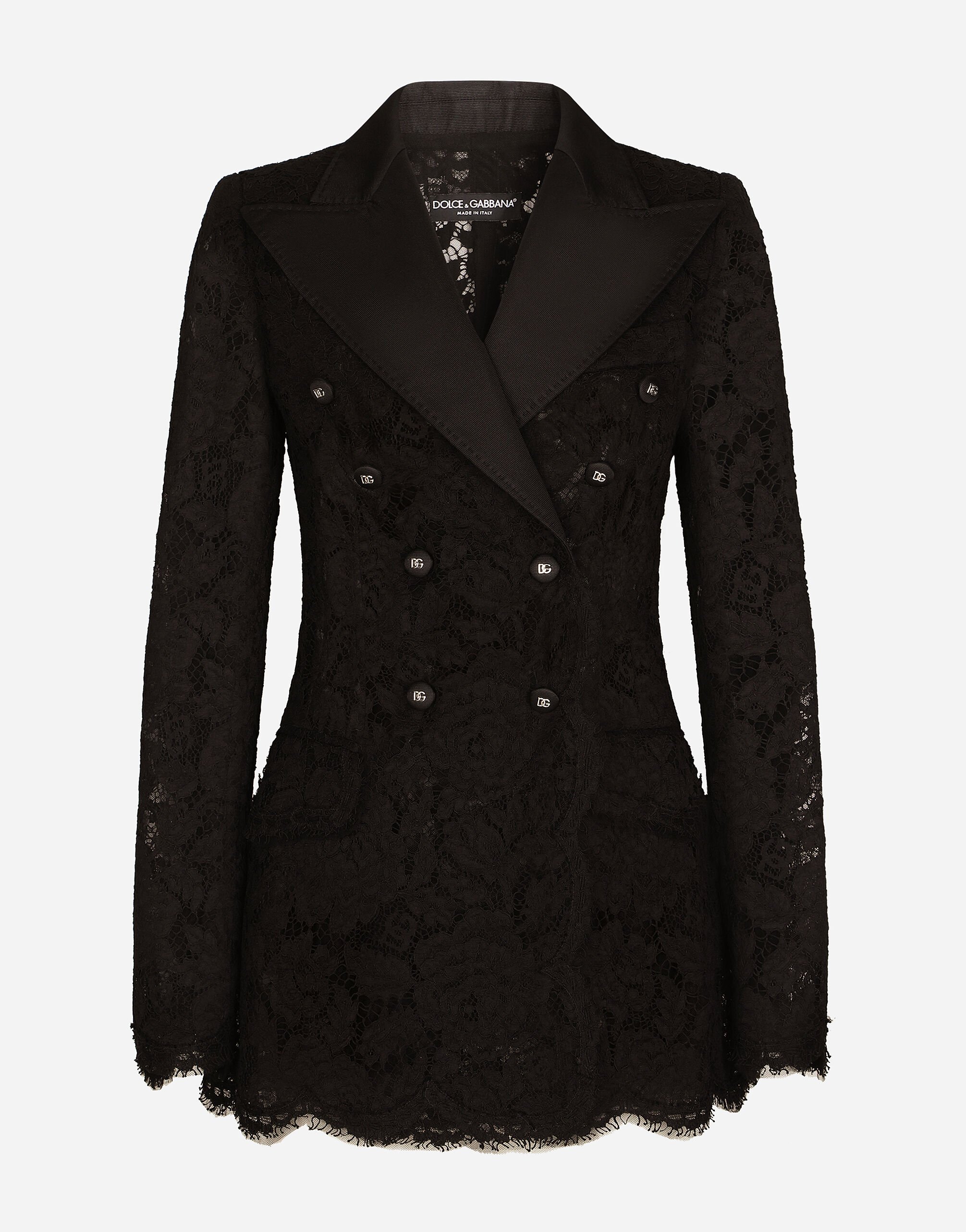 Dolce & Gabbana Turlington-Jacke aus elastischer Spitze mit Logo Drucken F29UDTIS1P4