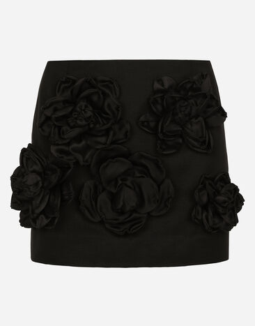 Dolce&Gabbana Jupe courte en ottoman avec fleurs appliquées Noir F6DDXTGDB0R