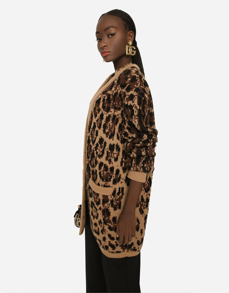 Dolce & Gabbana Long wool and cashmere cardigan with jacquard leopard design Multicolor FX263TJAMKA
