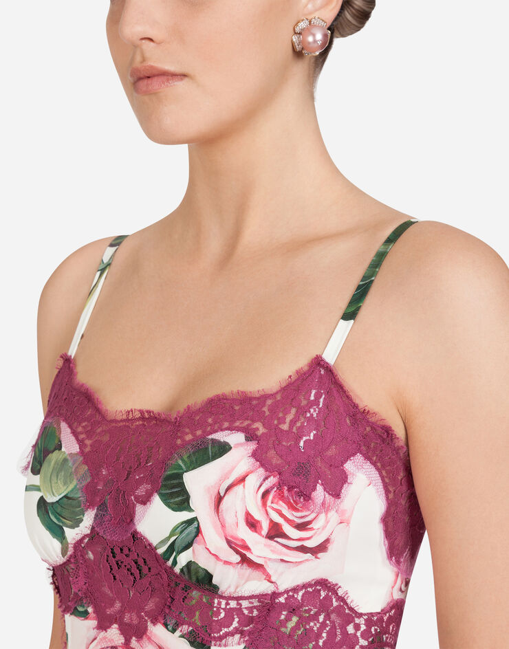 Dolce & Gabbana TROPICAL ROSE PRINT CHARMEUSE TOP WITH SHOULDER STRAPS AND LACE DETAILS IMPRIMÉ FLEURI F74E1TFSAZD