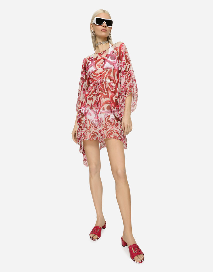 Dolce&Gabbana Kurzer Kaftan aus Chiffon Majolika-Print Mehrfarbig F6F1ITHI1BL