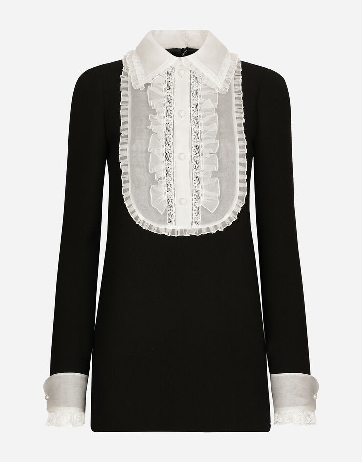 Dolce & Gabbana Short wool crepe dress with organza shirt front Black F6JFITFUBCI