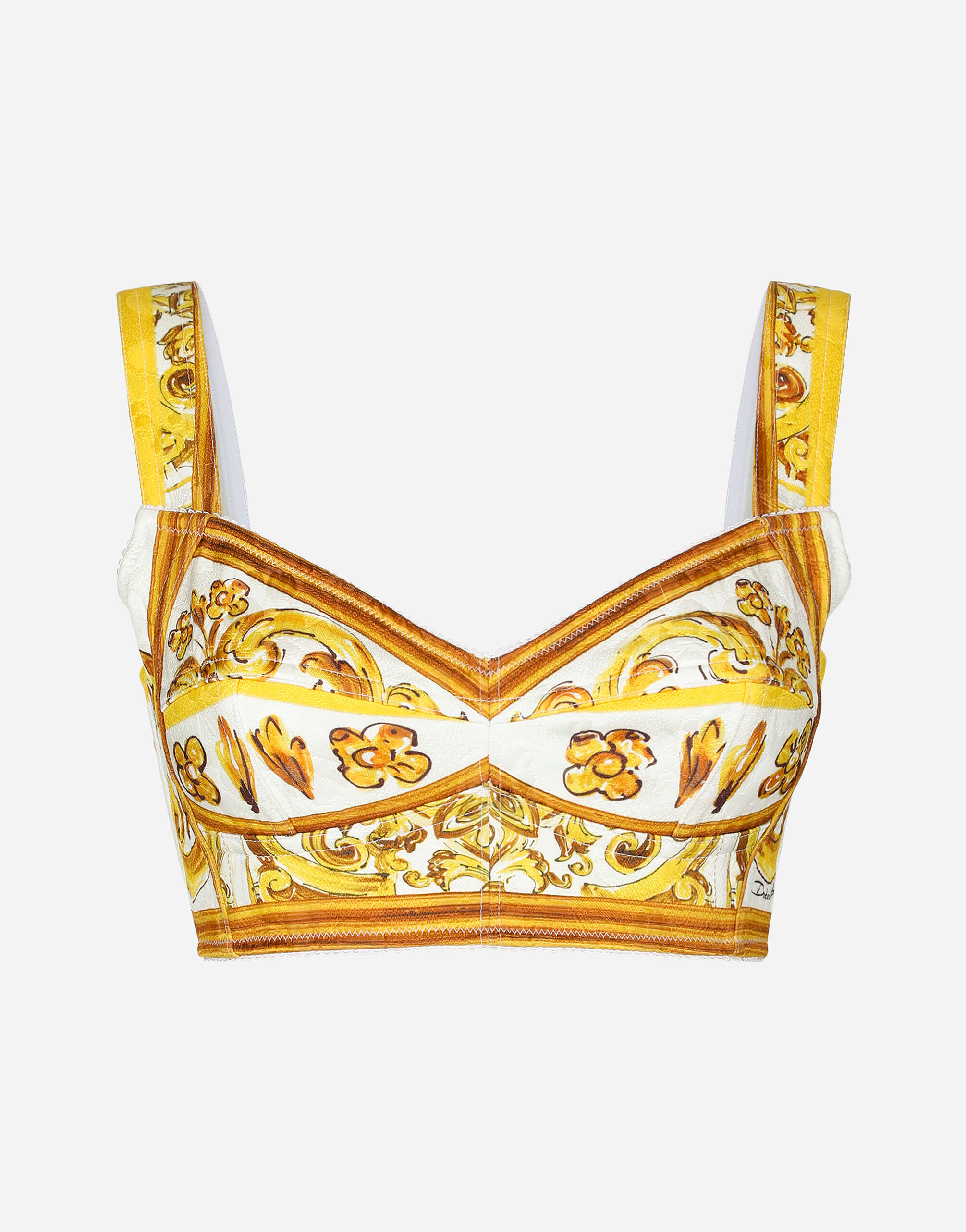 Dolce & Gabbana Top bustier court en popeline de coton à imprimé majoliques Jaune BB6003AW050