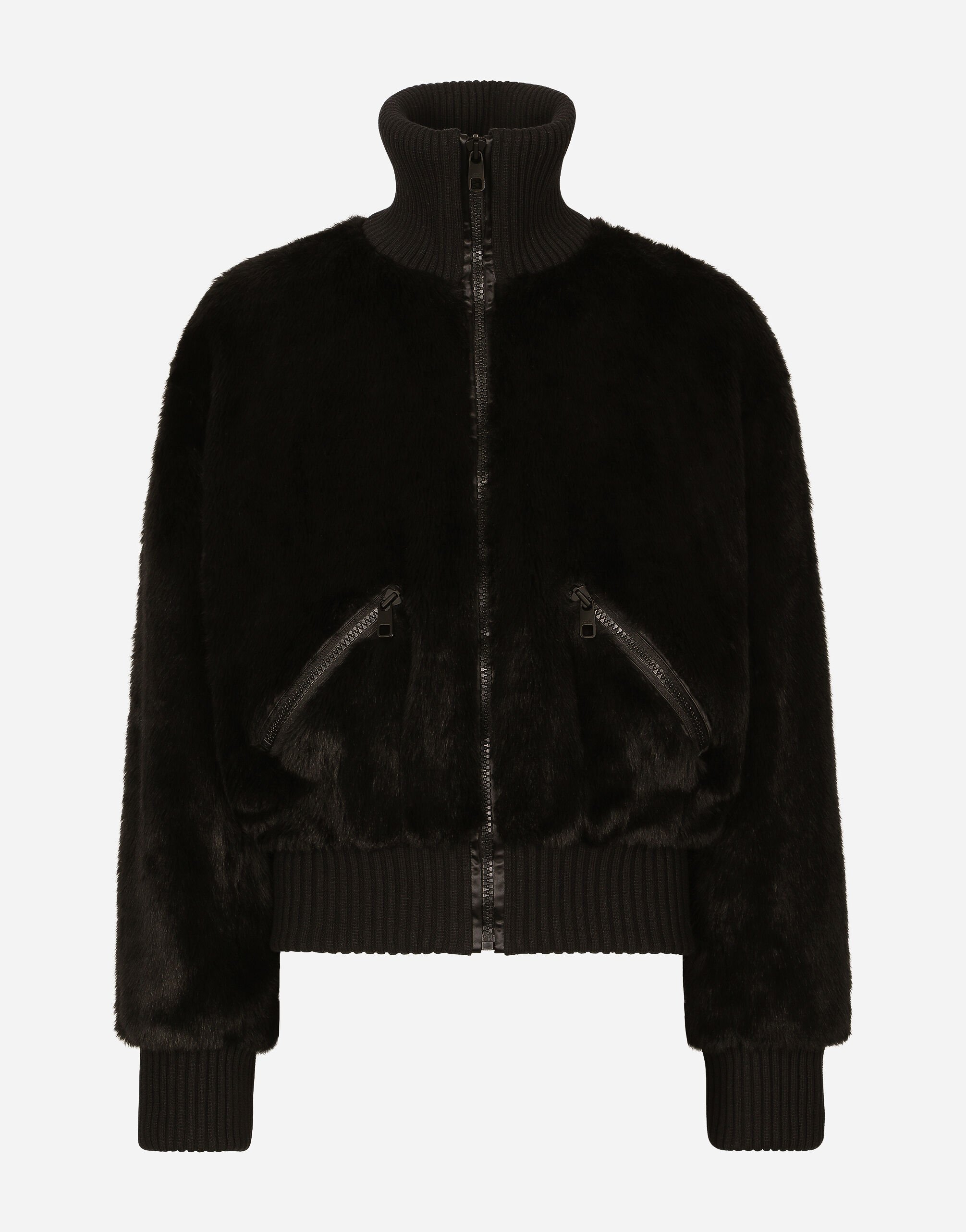 Dolce & Gabbana Faux fur jacket with logo tag Black G9ZB4TFJSB6