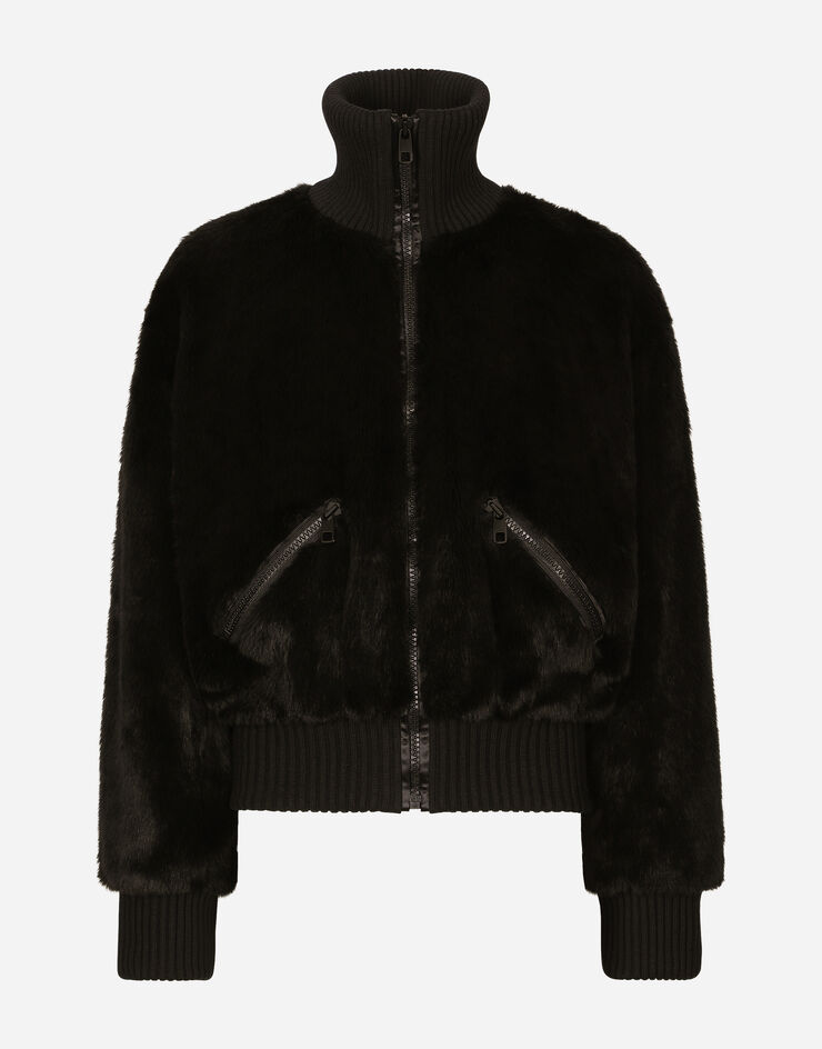 Dolce&Gabbana Faux fur jacket with logo tag Black G9YL1TGG889