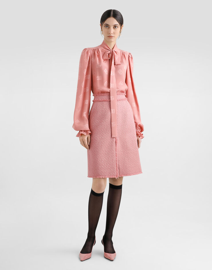 Dolce & Gabbana Silk jacquard pussy-bow shirt with DG logo Pink F5T40TFJ1JO