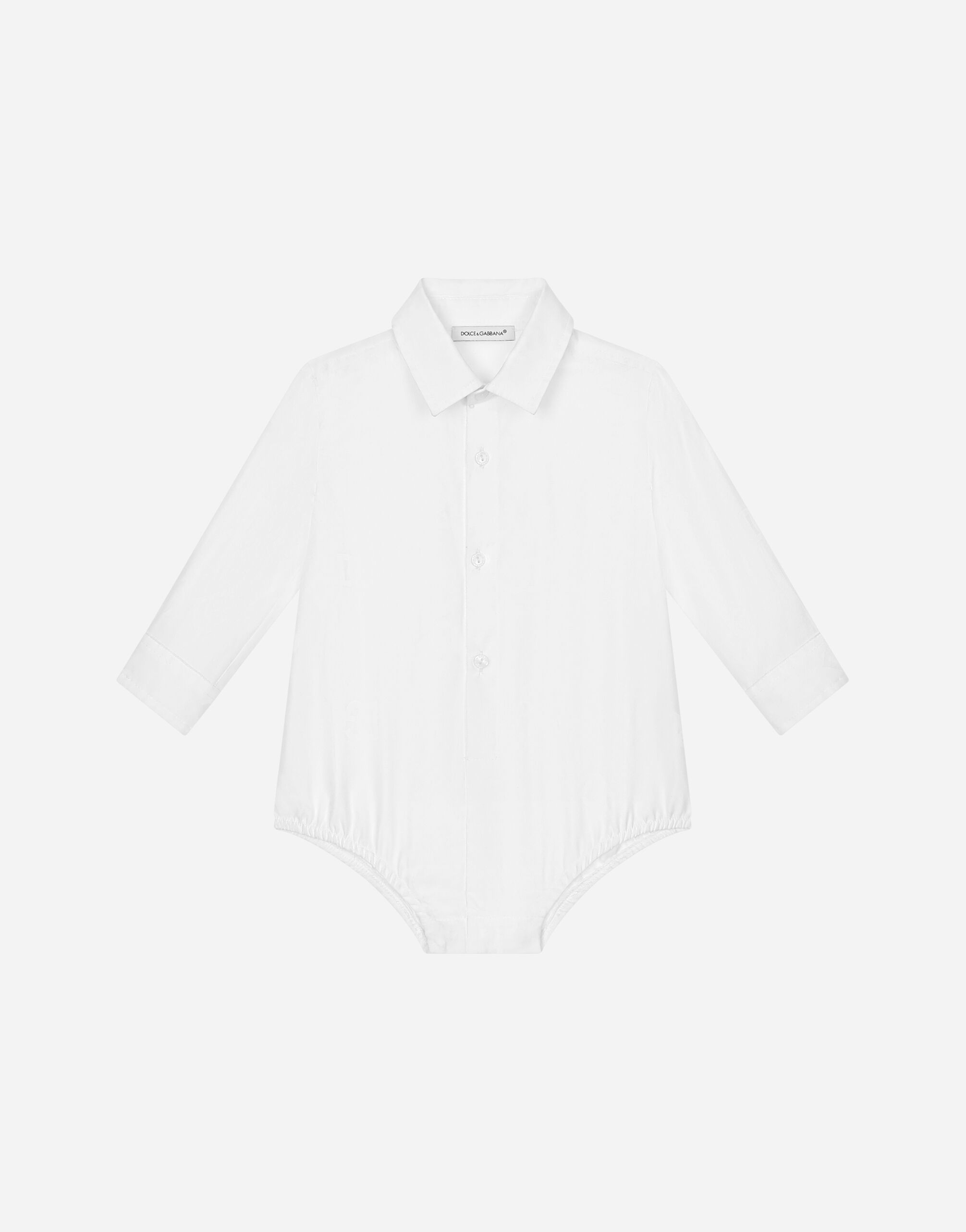 Dolce & Gabbana Poplin shirt-style babygrow with jacquard logo Beige L1JO7DG7L5G
