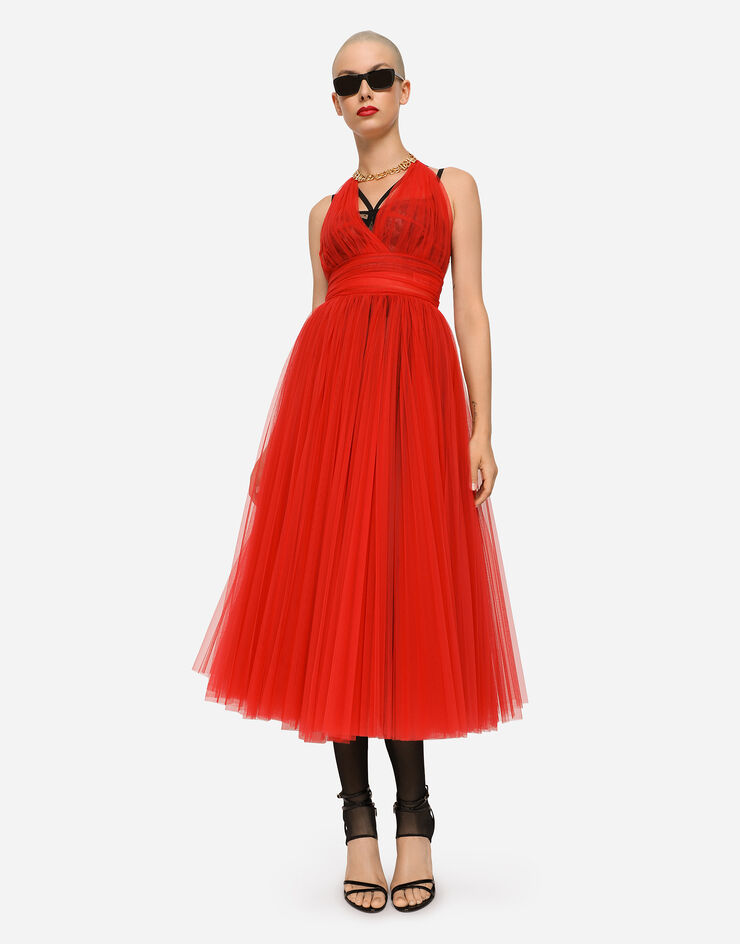 Dolce & Gabbana Tulle calf-length dress with sunray pleats Red F6R8HTHLM0U