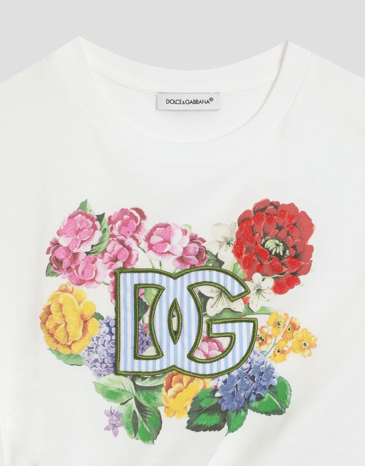 Dolce & Gabbana Jersey T-shirt with flowers and DG logo White L5JTOZG7O2A