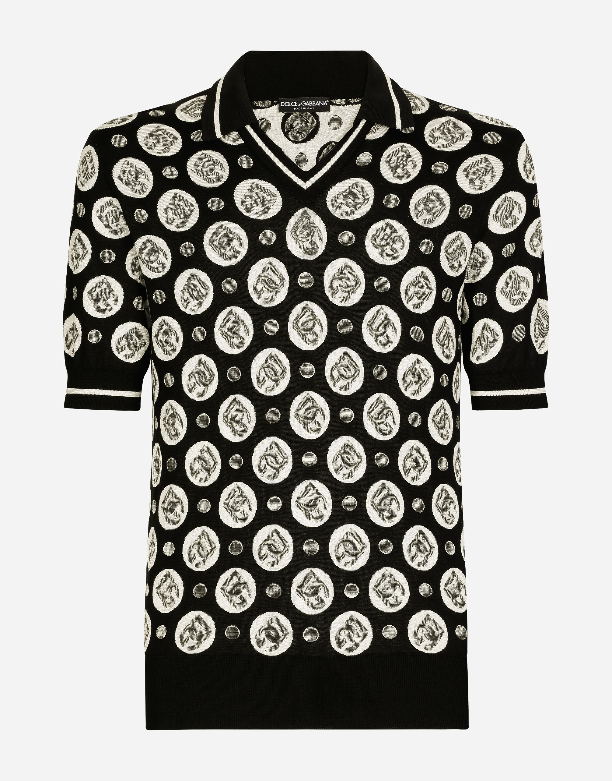 Silk jacquard V neck polo shirt with DG logo