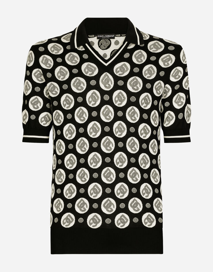 Silk jacquard V-neck polo-shirt with DG logo