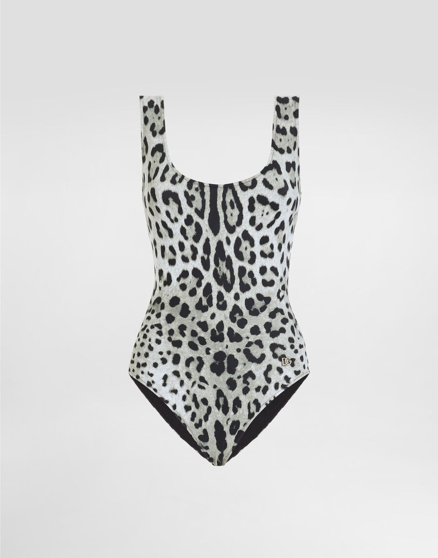 Leopard-print one-piece racing swimsuit