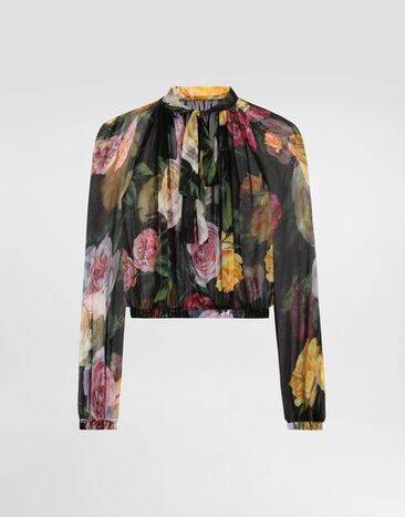 Dolce & Gabbana Short chiffon blouse with peony and rose print Print F7AM7TIS1W9