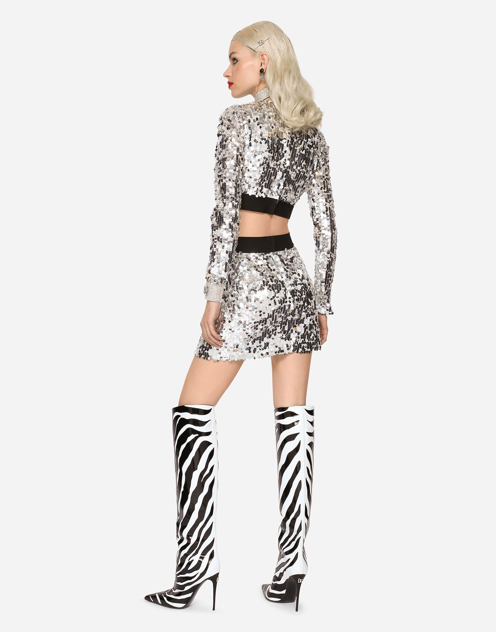Sequined top with branded elastic in Silver for Women