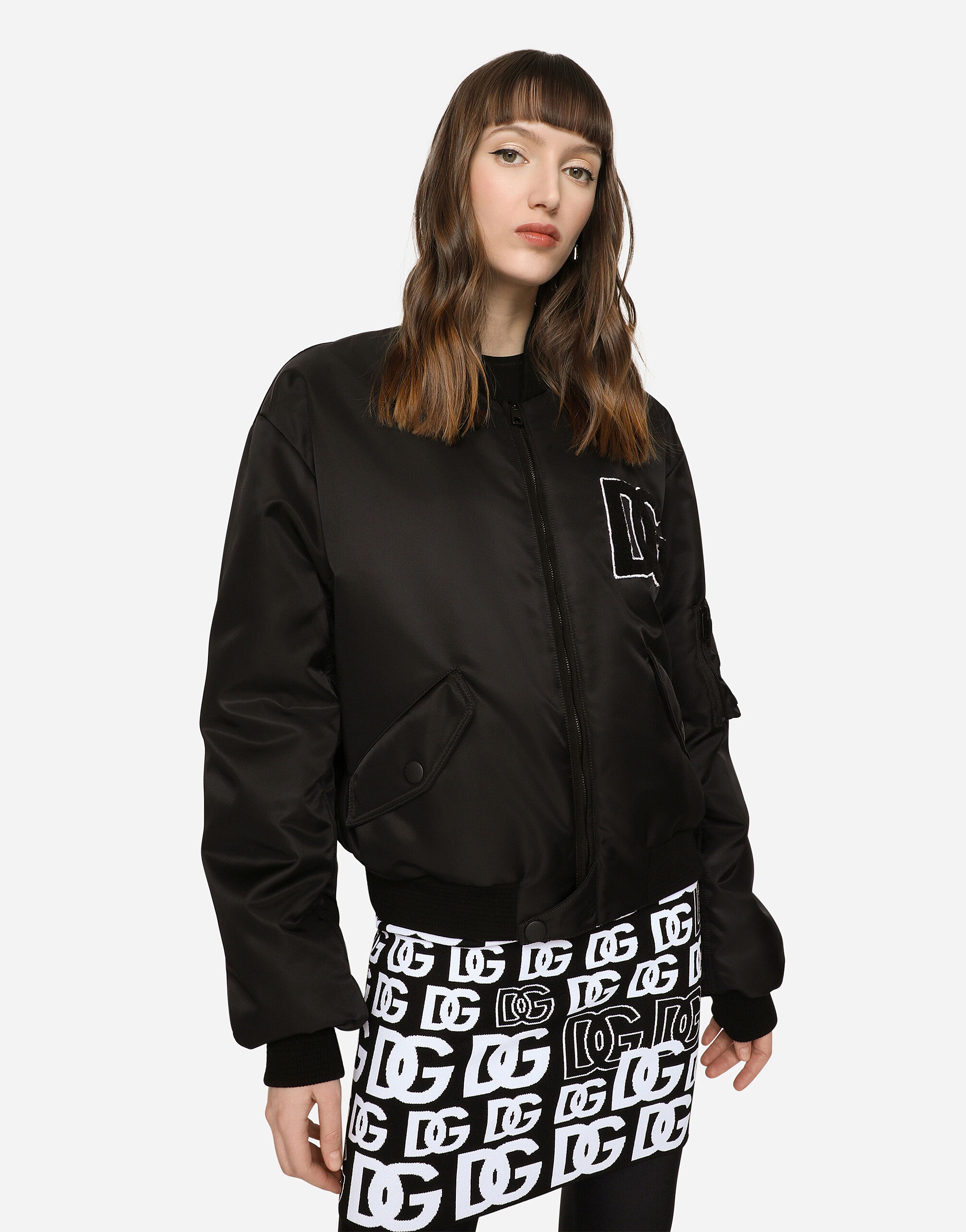 Nylon bomber jacket with DG logo patch in Black for Women | Dolce&Gabbana®  US
