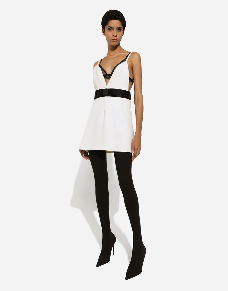 Dolce & Gabbana Abito corto in tela di lana con spalline e cintura in raso Bianco F6JEYTFUBGE