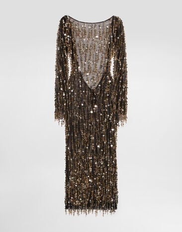 Dolce & Gabbana Long dress with fringe and sequin embroidery Multicolor F60EJZGDDG3